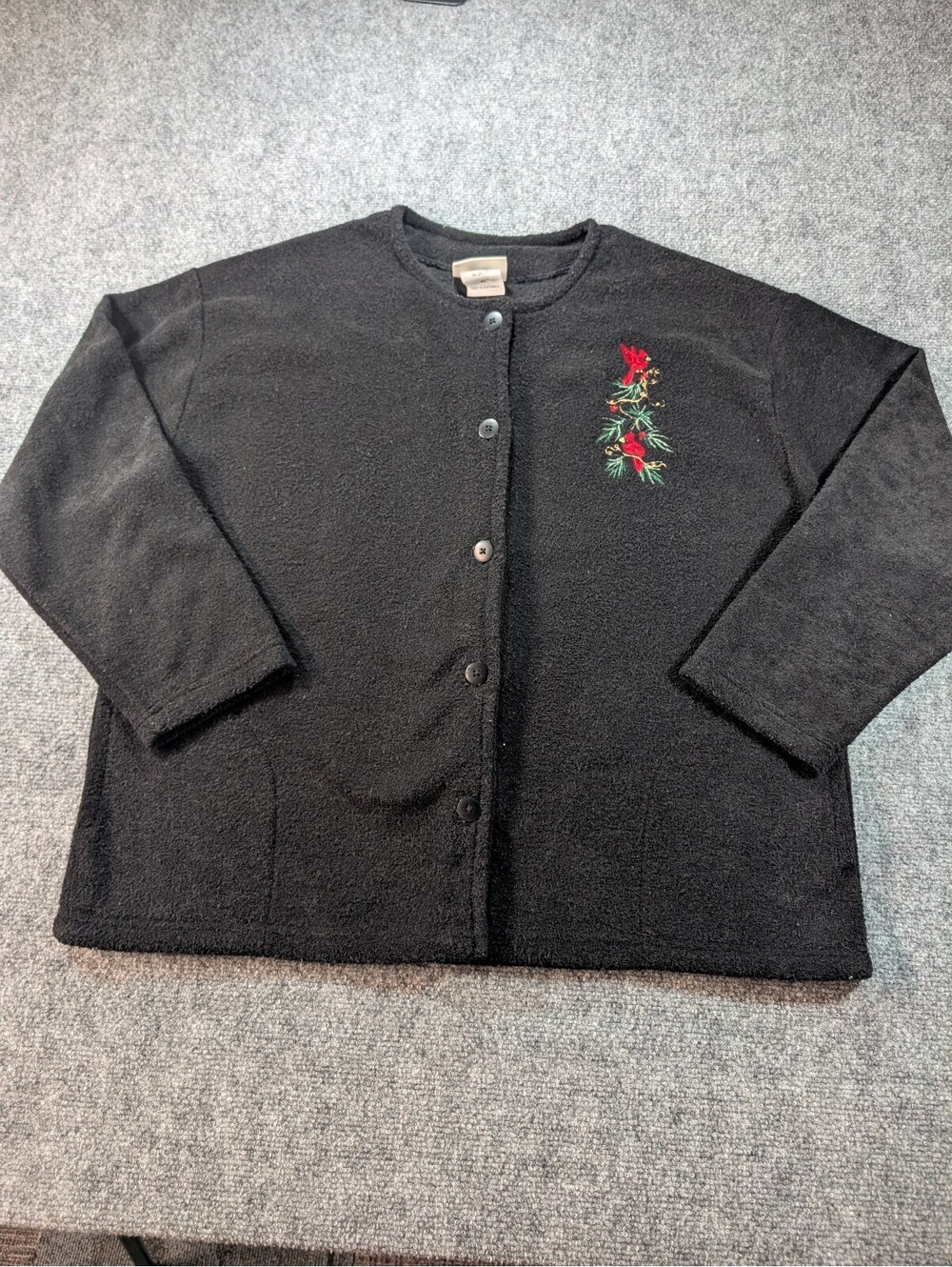 Vintage Womens XL Black Fleece Cardigan Red Cardinal Embroidery Sweater